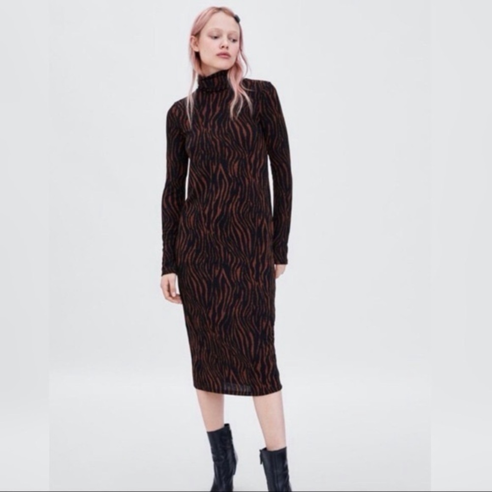 Zara Black & Brown Animal Print Long Sleeve Turtleneck Midi, SZ S EUC